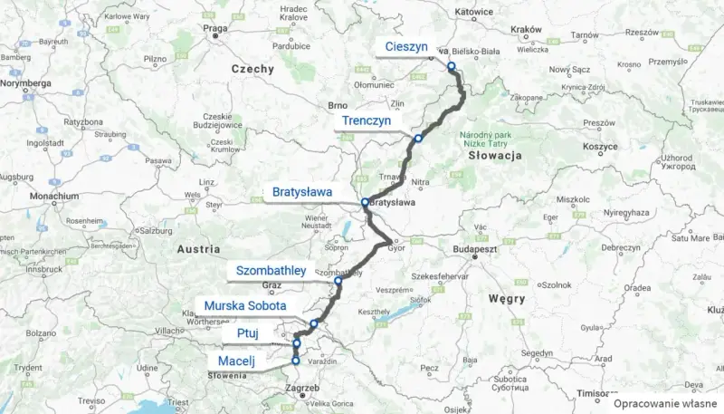 Trasa Polska-Chorwacja samochodem przez Czechy, Słowację i Węgry, z zaznaczonymi miastami Cieszyn, Trenczyn, Bratysława, Szombathely, Murska Sobota, Ptuj i Macelj.