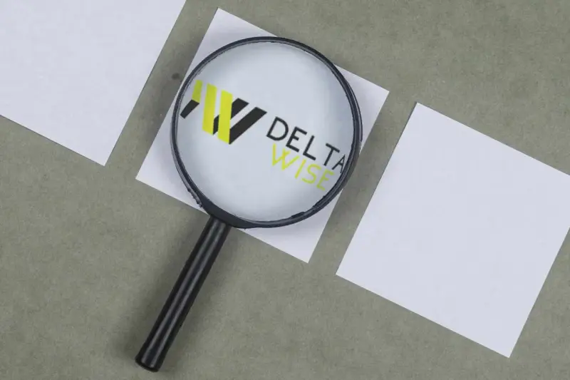 Lupa powiększa logo DELTA WISE, symbolizując dokładność w windykacji.