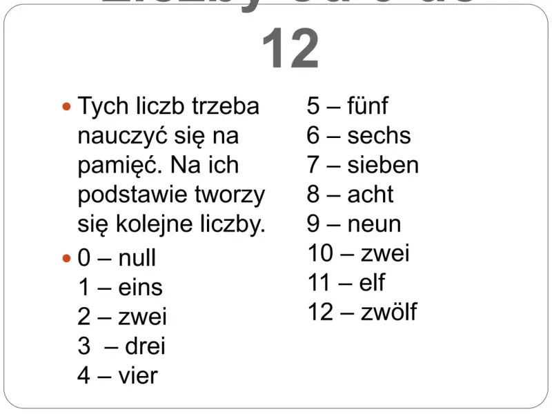 Nauka liczb po niemiecku: 0-null, 1-eins, 2-zwei, 3-drei, 4-vier, 5-fünf, 6-sechs, 7-sieben, 8-acht, 9-neun, 10-zehn, 11-elf, 12-zwölf.