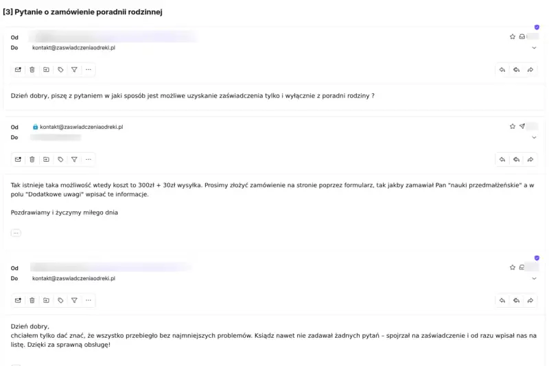 Wiadomości e-mail dotyczące zamówienia zaświadczenia do chrztu. Potwierdzenie możliwości uzyskania dokumentu i podziękowanie za sprawną obsługę.