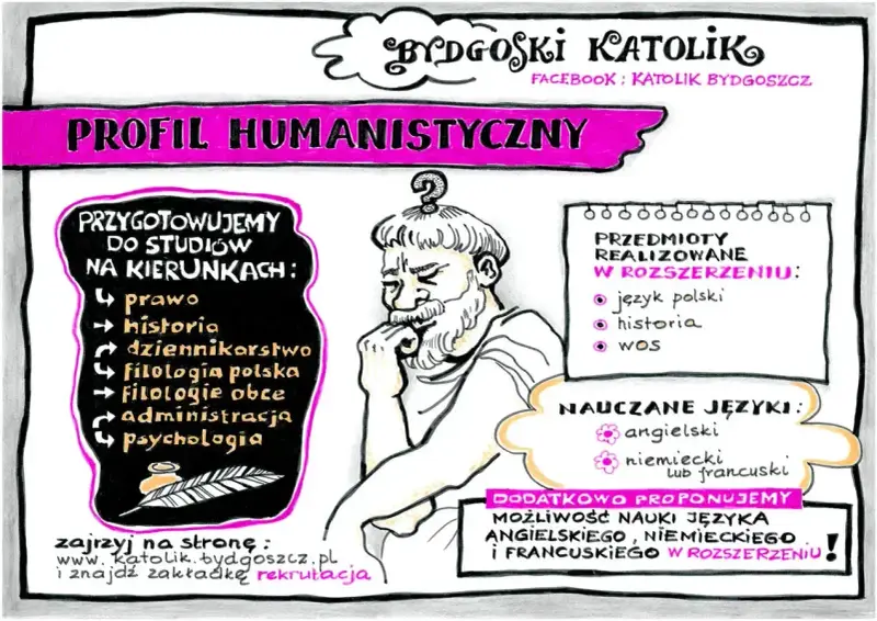 Profil humanistyczny w Bydgoskim Katoliku: przygotowanie do studiów na kierunkach prawo, historia, dziennikarstwo, filologie, administracja, psychologia. Nauka języków obcych.