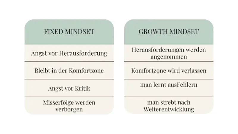 Gegenüberstellung von "Fixed Mindset" (Angst vor Herausforderungen, Kritik, Misserfolgen) und "Growth Mindset" (Herausforderungen annehmen, aus Fehlern lernen, Weiterentwicklung).