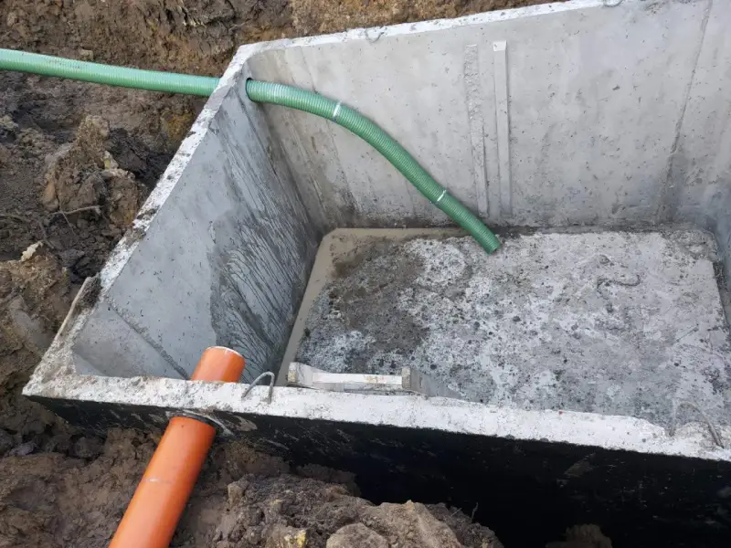 Szambo betonowe 10m3 cena z montażem. Instalacja wkopana w ziemię, widoczne rury doprowadzające.