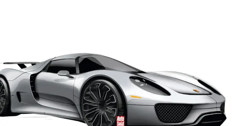 Srebrny Porsche 918 Spyder na białym tle, z widocznym logo "Auto Świat".