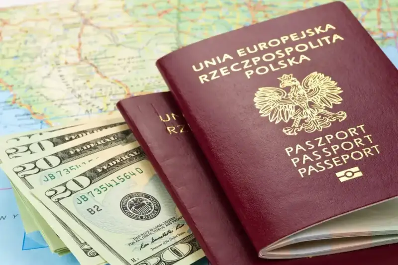 Dwa polskie paszporty i banknoty dolarowe na mapie. Planujesz podróż? Sprawdź, czy do Serbii potrzebny jest paszport.