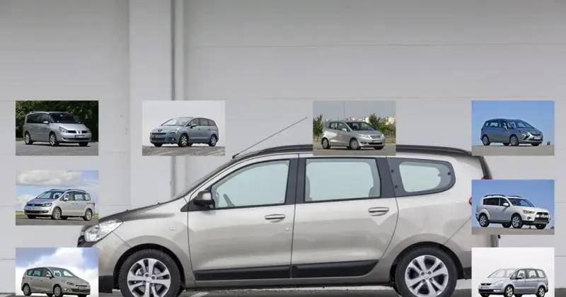 Kolekcja samochodów rodzinnych, w tym Dacia Lodgy, prezentowana na tle szarej ściany.