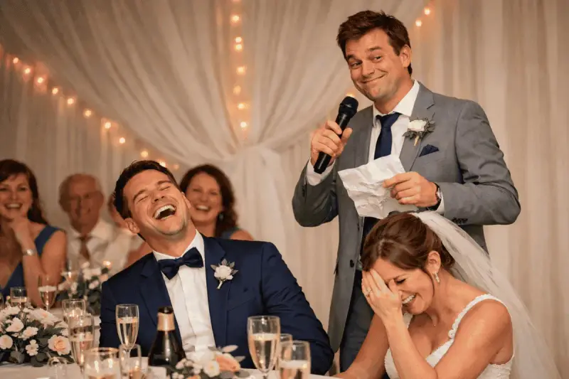 Un hombre da un discurso gracioso para bodas de oro, mientras la pareja ríe a carcajadas.