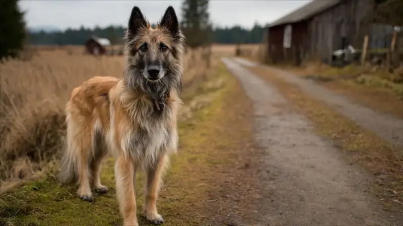 Un magnifique berger belge, au pelage fauve et gris, se tient fièrement sur un chemin de terre. Derrière lui, une grange rustique et des champs dorés évoquent la campagne.