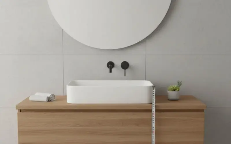 Misurazione dell'altezza lavabo da terra in un bagno moderno con mobile in legno e specchio rotondo.
