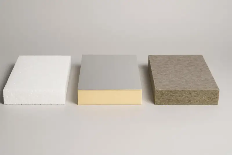 Trzy próbki materiałów budowlanych: biały styropian, płyta warstwowa z pianką i okładziną, oraz szara wełna mineralna. Wszystkie służą do izolacji cieplnej.