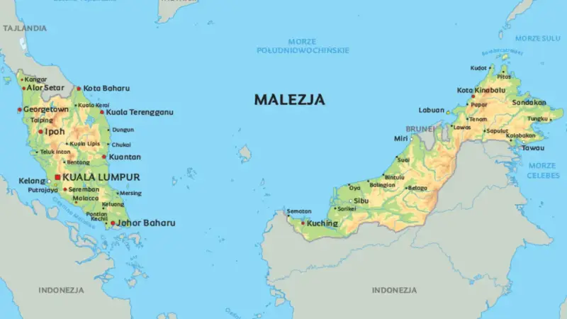 Mapa pokazuje, gdzie leży Malezja, między Tajlandią a Indonezją, otoczona Morzem Południowochińskim i Morzem Celebes.