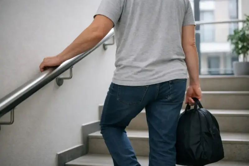 Mężczyzna z torbą idzie po schodach, podpierając się poręczy. To jego pierwsze samodzielne chodzenie po operacji wyrostka.