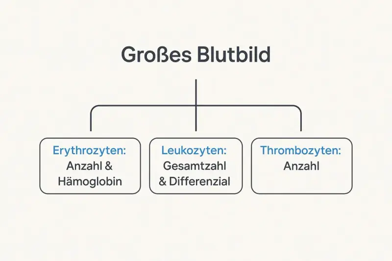 Schemat "Großes Blutbild" z podziałem na erytrocyty, leukocyty i trombocyty.