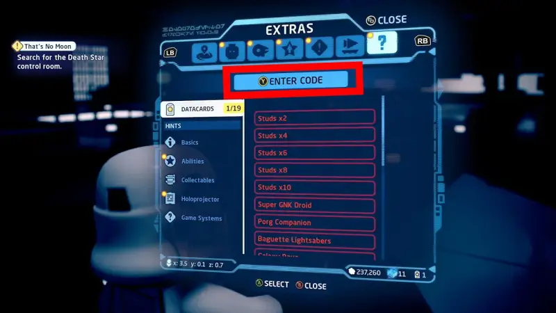 Pantalla de extras en LEGO Star Wars: The Skywalker Saga. Se muestra la opción "ENTER CODE" para introducir códigos.