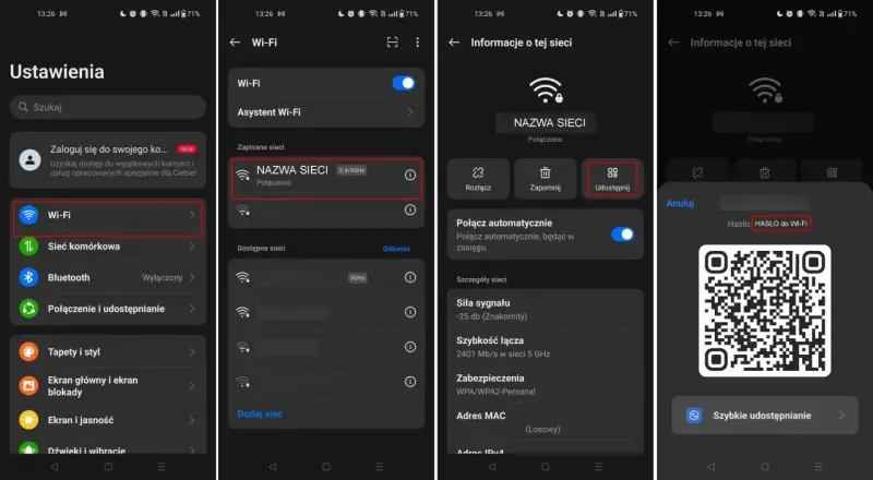 Jak sprawdzić SSID w telefonie? Ekran pokazuje ustawienia Wi-Fi, gdzie nazwa sieci (SSID) jest widoczna. Można też udostępnić hasło.