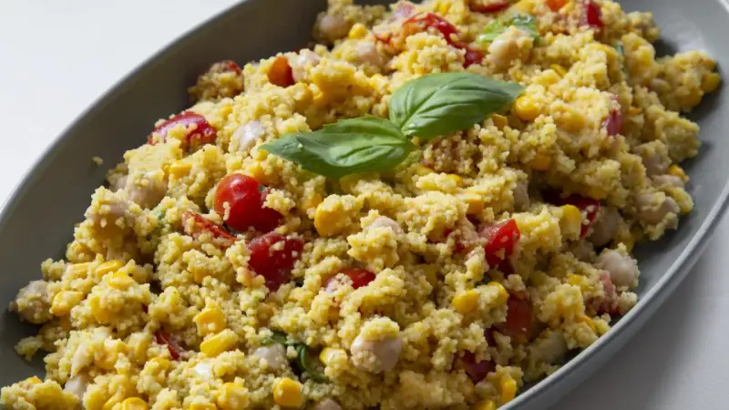 Un piatto colorato con la ricetta cous cous: chicchi dorati, pomodorini, mais e ceci, guarnito con foglie di basilico fresco.
