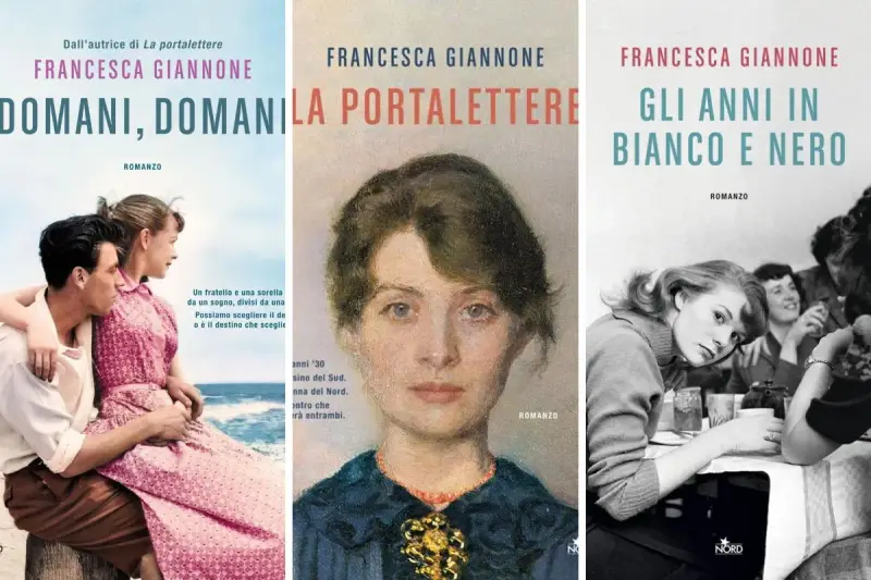 Copertine di libri di Francesca Giannone: "Domani, domani", "La portalettere" e "Gli anni in bianco e nero".