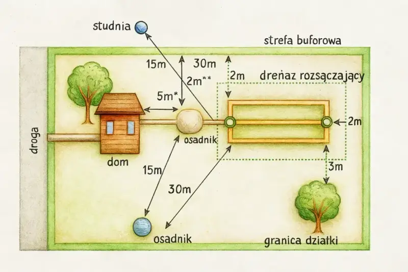 Schemat działki z domem, studnią i dwoma osadnikami. Pokazuje odległości od domu do studni (15m) i osadników (5m, 15m, 30m), a także drenaż rozsączający w strefie buforowej.