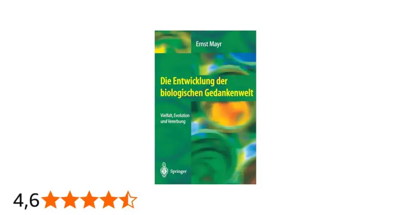 Buchcover "Die Entwicklung der biologischen Gedankenwelt" von Ernst Mayr, das die Vielfalt, Evolution und Vererbung thematisiert.