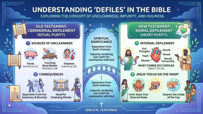 Biblical teachings on defilement: Old Testament ceremonial vs. New Testament moral defilement, showing sources and consequences.