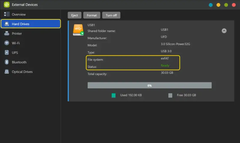 Dysk USB1 ma system plików exFAT, gotowy do użycia. Alternatywnie można wybrać NTFS.