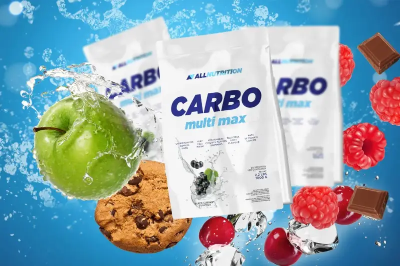 Opakowania odżywki CARBO multi max, zielone jabłko, ciastko z czekoladą, maliny i kostki lodu.