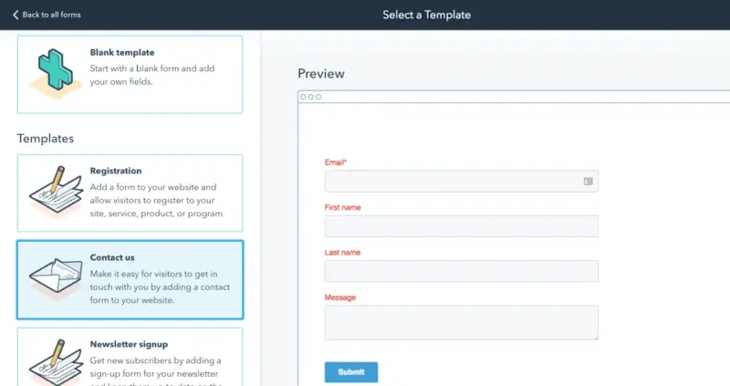 Interface de création de formulaires, offrant des modèles comme "Contact us" ou "Registration", une alternative à Google Forms.