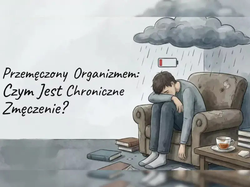 Chłopak siedzi przygnębiony w fotelu pod deszczową chmurą z ikoną rozładowanej baterii. To obraz objawów przemęczenia.