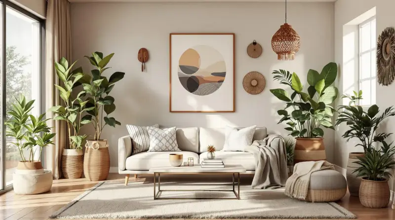 Przytulny salon w stylu scandi boho z dużą ilością zielonych roślin, jasną sofą i plecionymi dodatkami.