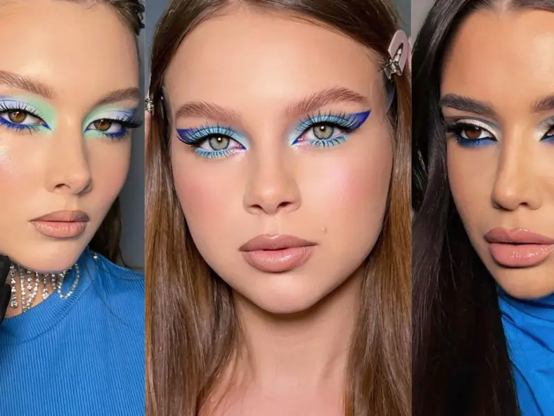 Tres looks de maquillaje para vestido azul: delineado gráfico, sombras celestes y toques de verde menta.