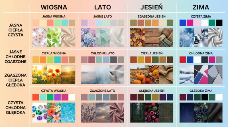 Paleta barw dla typów urody: wiosna, lato, jesień, zima. Zimne kolory dominują w typach lato i zima, od pastelowych po głębokie odcienie.