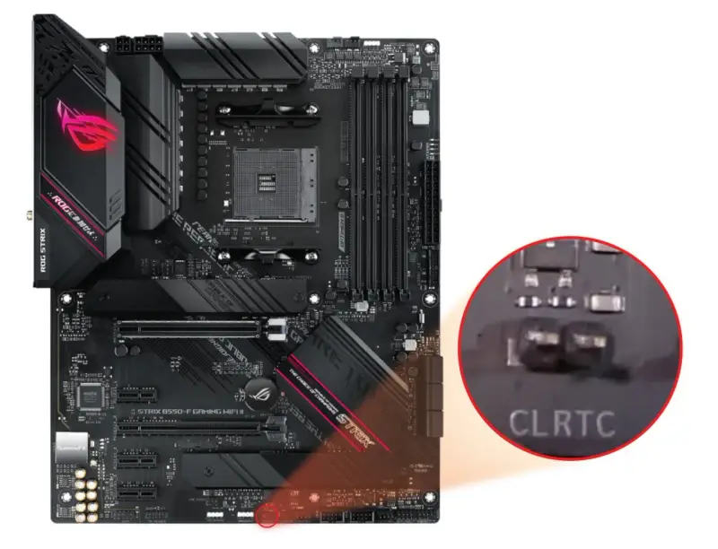 Carte mère ASUS ROG STRIX avec jumpers CLRTC pour réinitialiser le CMOS.