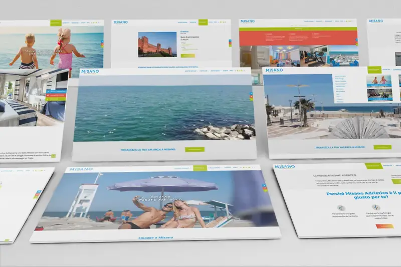 Schermate di siti web che promuovono vacanze a Misano Adriatico, con immagini di spiagge, mare e castelli.