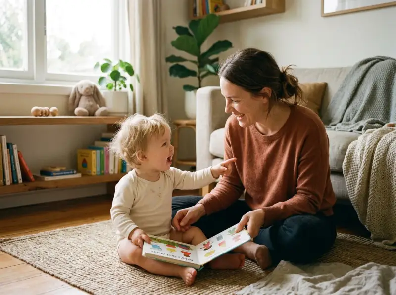 Bambino sorridente indica un libro, forse imparando a quanti mesi i bambini iniziano a parlare. Mamma felice lo osserva.