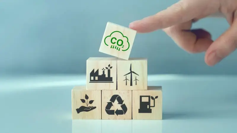 Klocki symbolizujące zielony ład: fabryka, wiatraki, sadzonka, recykling, paliwo. Na górze kostka z chmurką CO2 i strzałkami w dół.