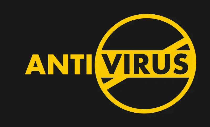 Żółty napis "ANTI VIRUS" na czarnym tle, z kółkiem i przekreśleniem symbolizującym ochronę.