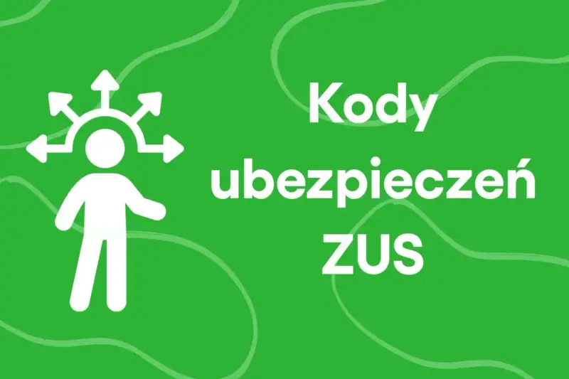 Biała ikona postaci z rozchodzącymi się strzałkami nad głową, obok napis "Kody ubezpieczeń ZUS".