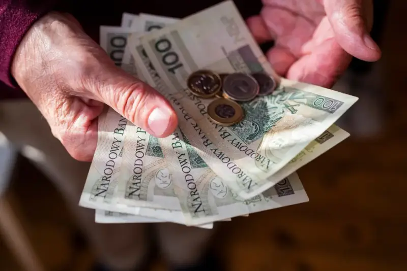 Dłonie trzymają polskie banknoty 100 zł i monety. Ile trzeba przepracować żeby dostać emeryturę?