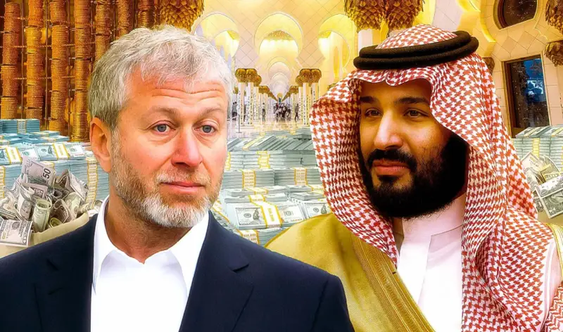 Oligarch Roman Abramovich und ein saudischer Prinz vor Bergen von Geld und Gold.
