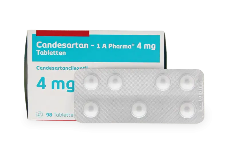 Opakowanie leku Candesartan 4 mg, zawierające 98 tabletek w blistrze. Stosowany w leczeniu nadciśnienia.