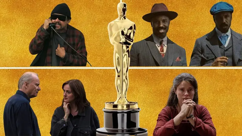 Gwiazdy filmowe w oczekiwaniu na Oscary 2026. Złoty Oscar pośrodku, a wokół niego aktorzy z różnych produkcji.