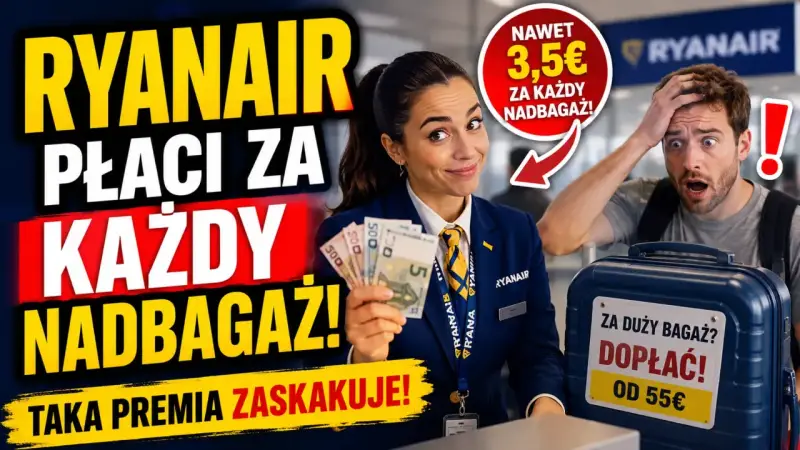 Pracownica Ryanair pokazuje pieniądze, sugerując, ile kosztuje nadbagaż w Ryanair. Klient jest zaskoczony.