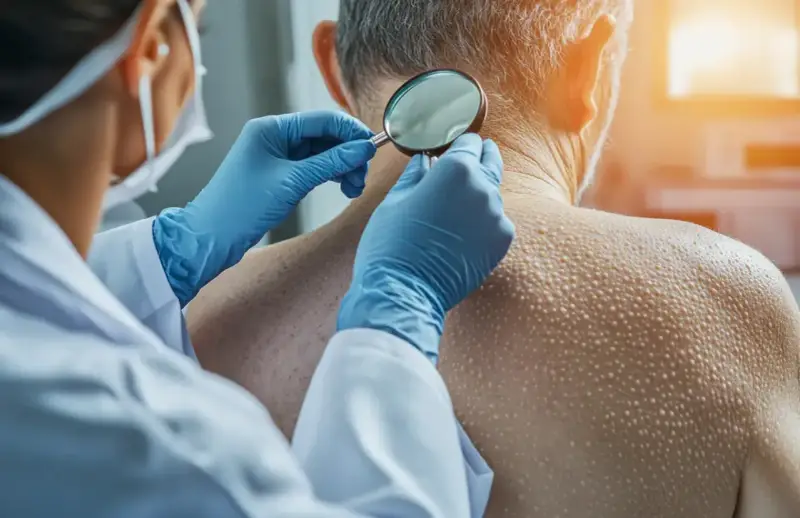 Dermatolog w rękawiczkach bada powiększoną lupą skórę szyi pacjenta z licznymi włókniakami.