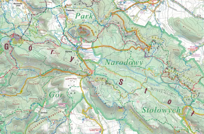 Mapa atrakcji Gór Stołowych: szlaki piesze, punkty widokowe, schroniska i zabytki.