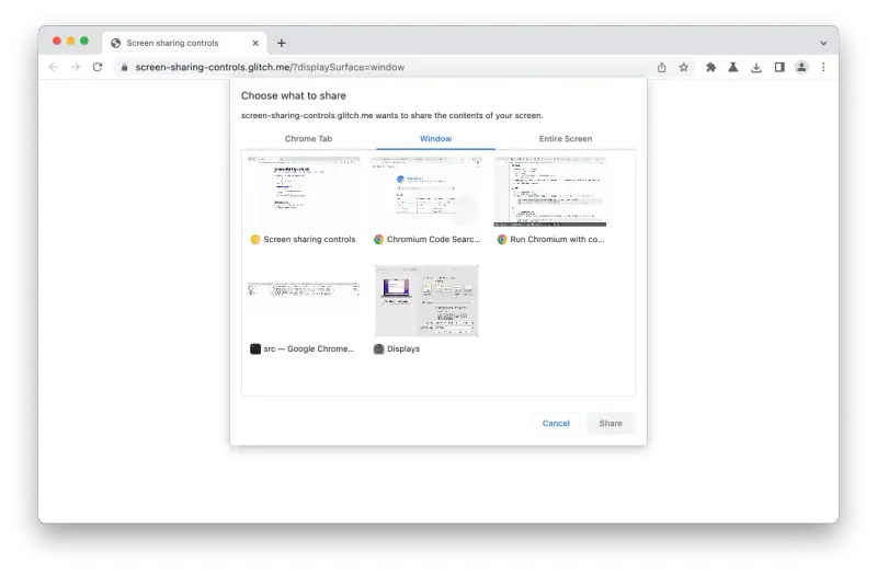 Okno dialogowe Chrome pozwala wybrać, co udostępnić. Widoczne są miniatury kart, w tym "Screen sharing controls" i "Chromium Code Search", przypominające historię przeglądania.