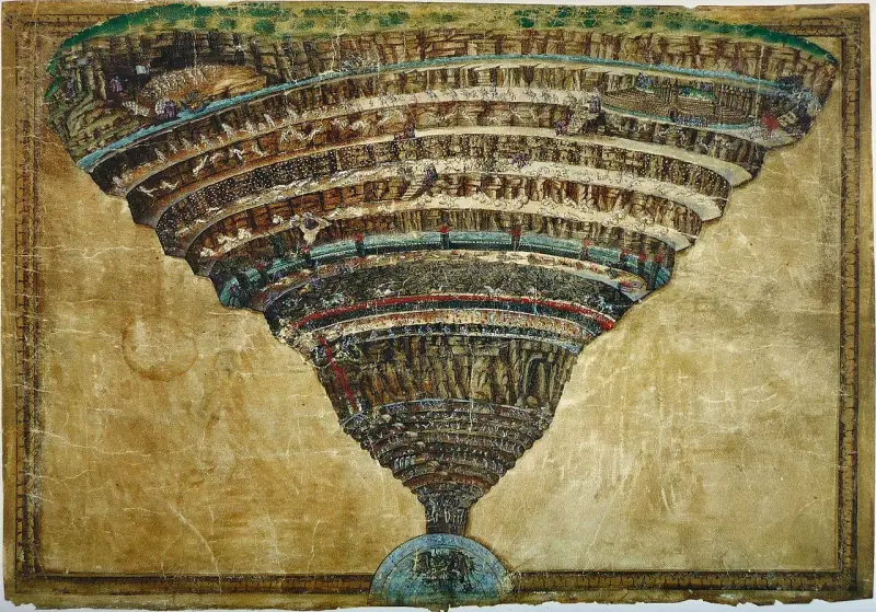 Illustrazione dettagliata de l'inferno di Dante, con i suoi gironi a imbuto e le anime dannate.