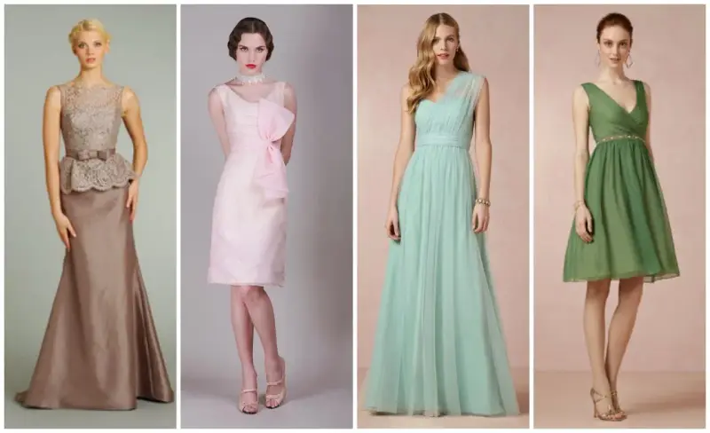 Modelli di abiti eleganti per un matrimonio di giorno: un lungo color tortora, un corto rosa con fiocco, un lungo menta e un corto verde.