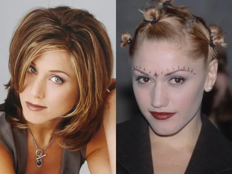 Ikony lat 90. z charakterystycznymi fryzurami: Jennifer Aniston z warstwową, brązową fryzurą i Gwen Stefani z kucykami i ozdobami na czole.