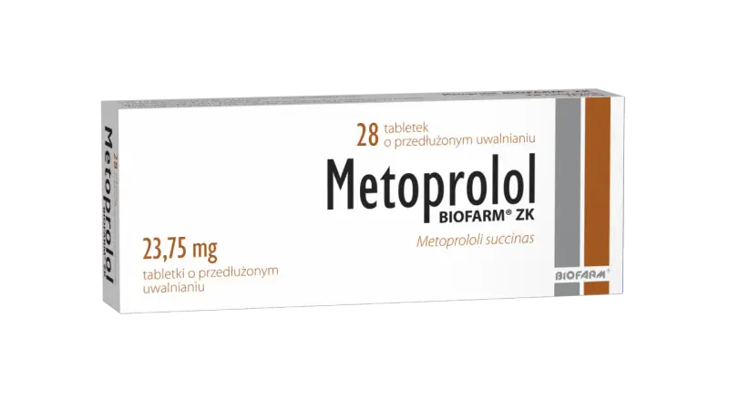 Opakowanie leku Metoprolol ZK 23,75 mg, zawierające 28 tabletek o przedłużonym uwalnianiu od Biofarm.