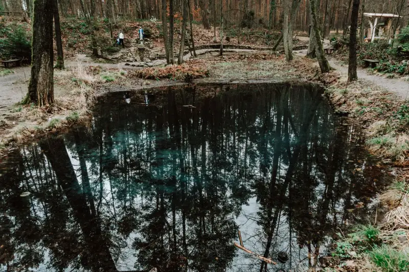 Spokojne źródełko objawienia w lesie, odbijające drzewa. W oddali widać kamienne schody i figurę Matki Boskiej.